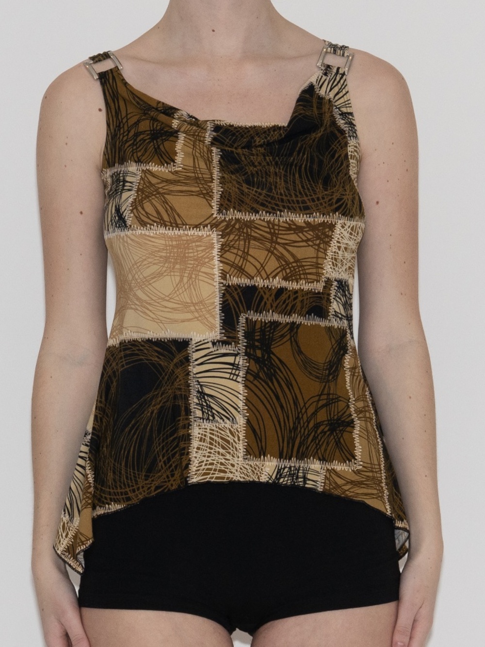 Y2k patchwork printed tank top brown cowl neck size large fashion art